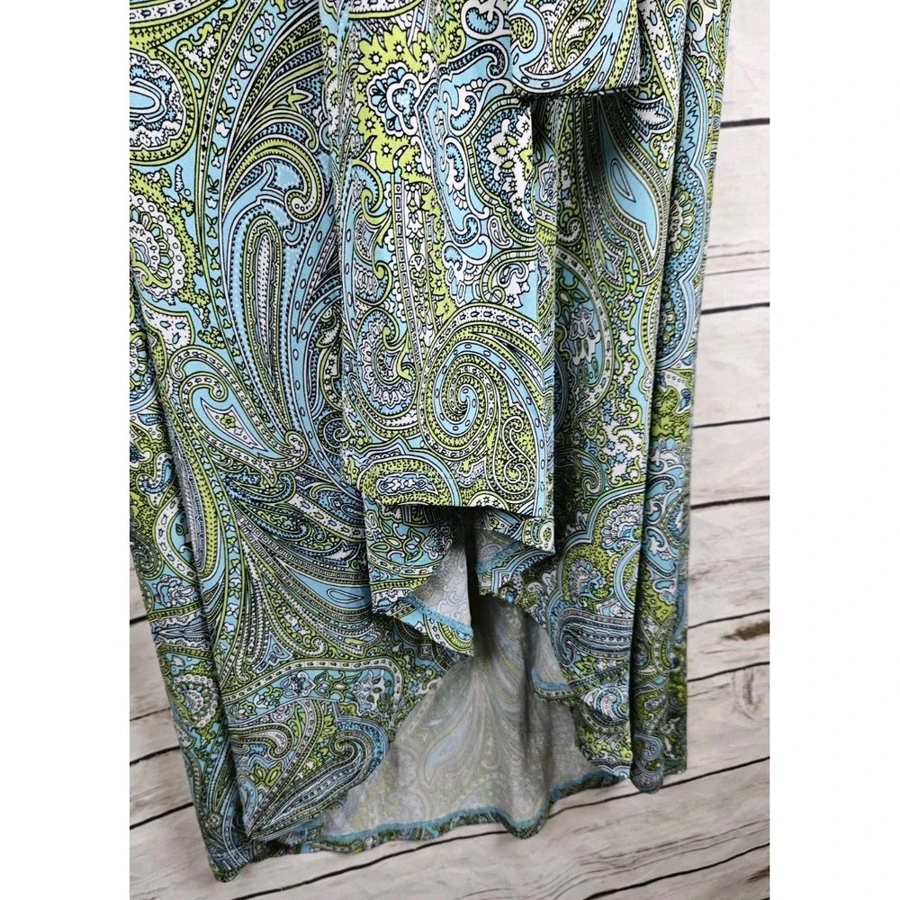 Michael Kors Blue Green Maxi Dress 14W High Low Tie Wrap Belt V-Neck Jersey Knit